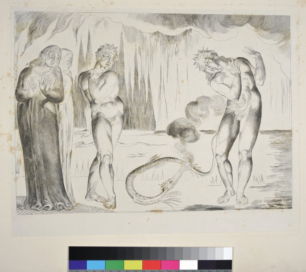 Varkaiden piiri: Käärmeen hyökkäys Buoso Donatin kimppuun, Inferno, laulu XXV, kuvitus Dante Alighierin "Jumalalliseen komediaan", noin 1827-38 (kaiverrus). tekijältä William Blake