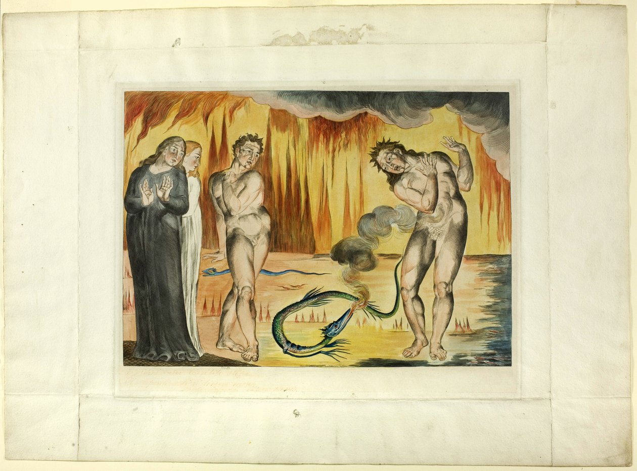 Varkaiden ympyrä; Buoso Donati Käärme hyökkäsi. Inferno, canto XXV tekijältä William Blake