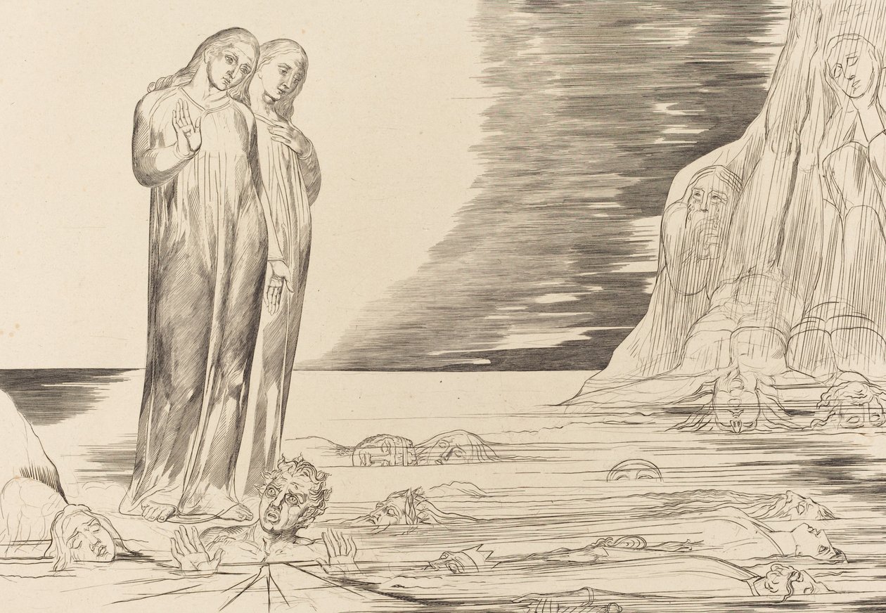 Petturien ympyrä, Danten jalka iskee Bocca degli Abbateen, 1827. tekijältä William Blake