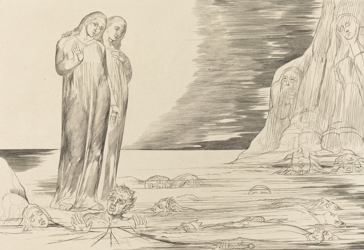 Petturien ympyrä, Danten jalka iskee Bocca degli Abbateen, 1827. tekijältä William Blake