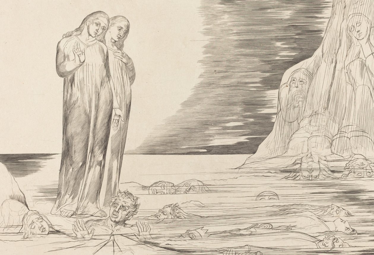 Petturien ympyrä, Danten jalka iskee Bocca degli Abbateen, 1827. tekijältä William Blake