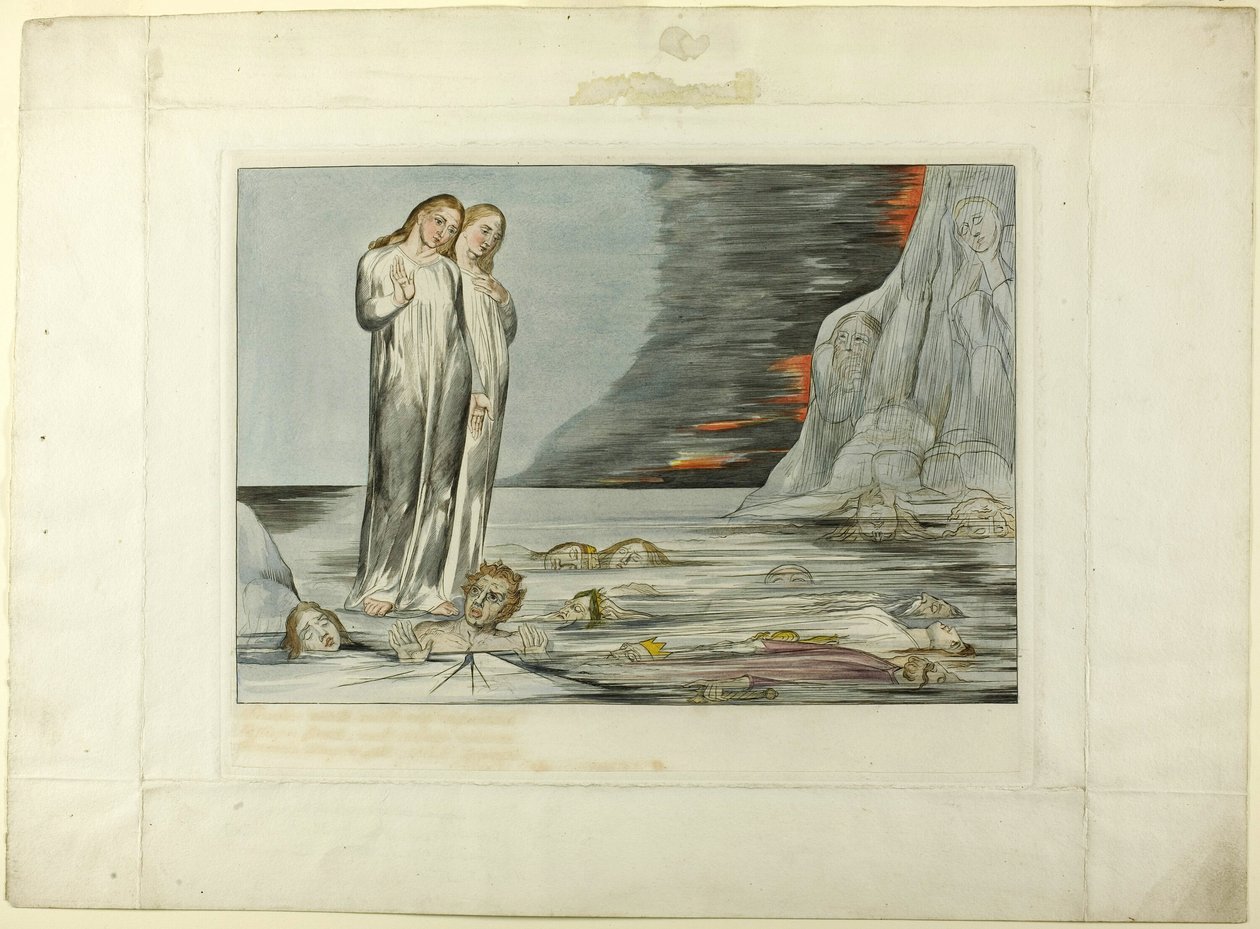 Petturien piiri; Danten jalka iskee Bocca degli Abbateen. Inferno, canto XXXII tekijältä William Blake