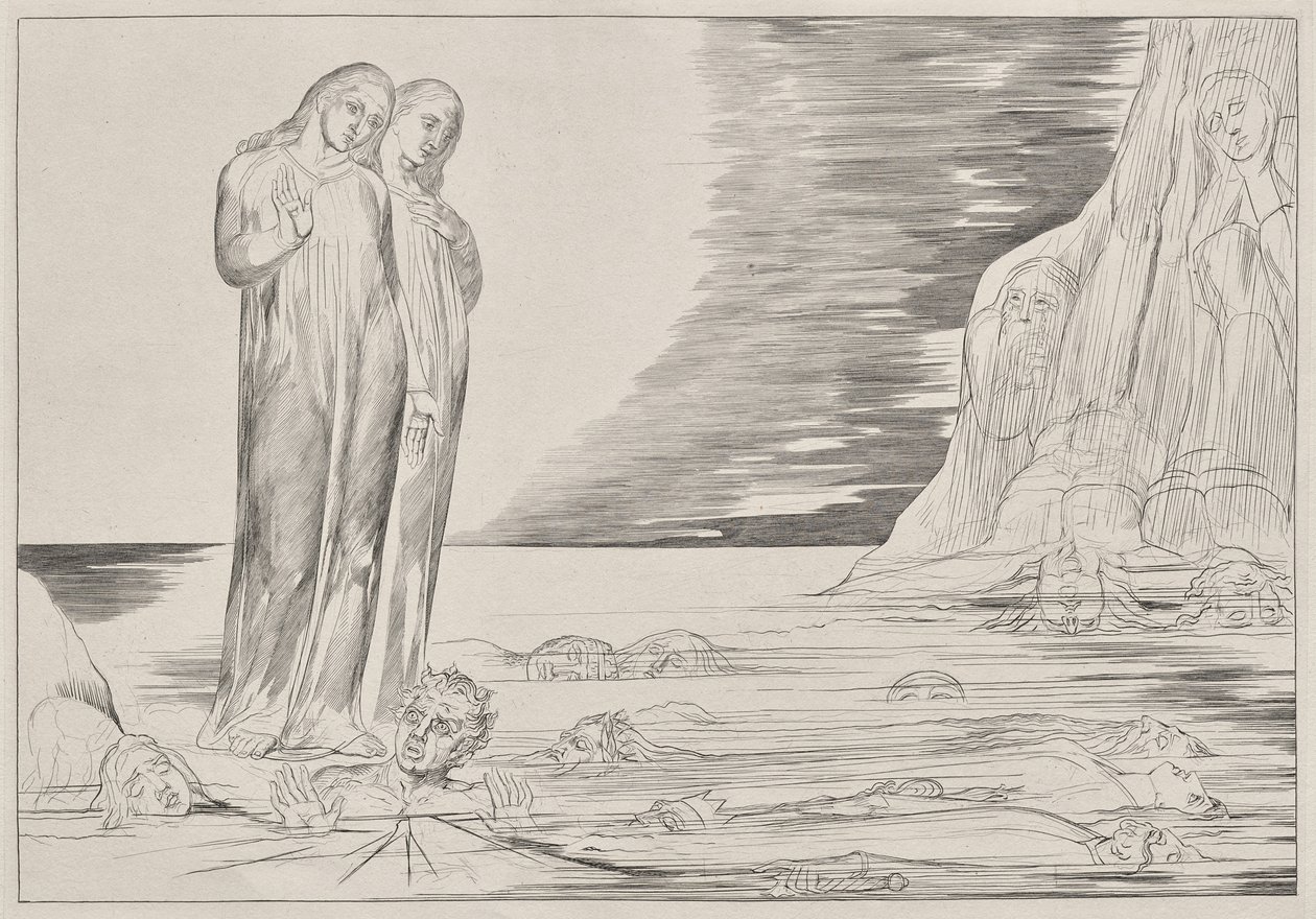 Petturien ympyrä: Danten jalka iskevä Bocca degli Abbate, Danten Infernosta, Canto XXXII kuvitus Danten jumalalliseen komediaan tekijältä William Blake