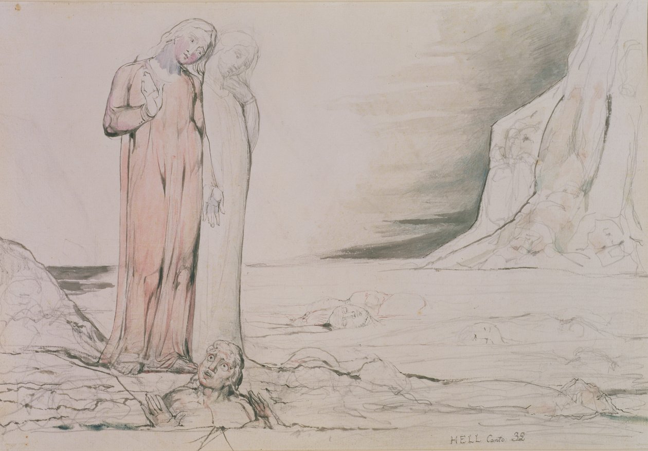 The Circle of the Traitors, kuvitus Dante Alighierin (1265-1321) jumalallisen komedian "Infernon" kantosta 32 (kynä ja muste, kynä, akvarelli paperille) tekijältä William Blake