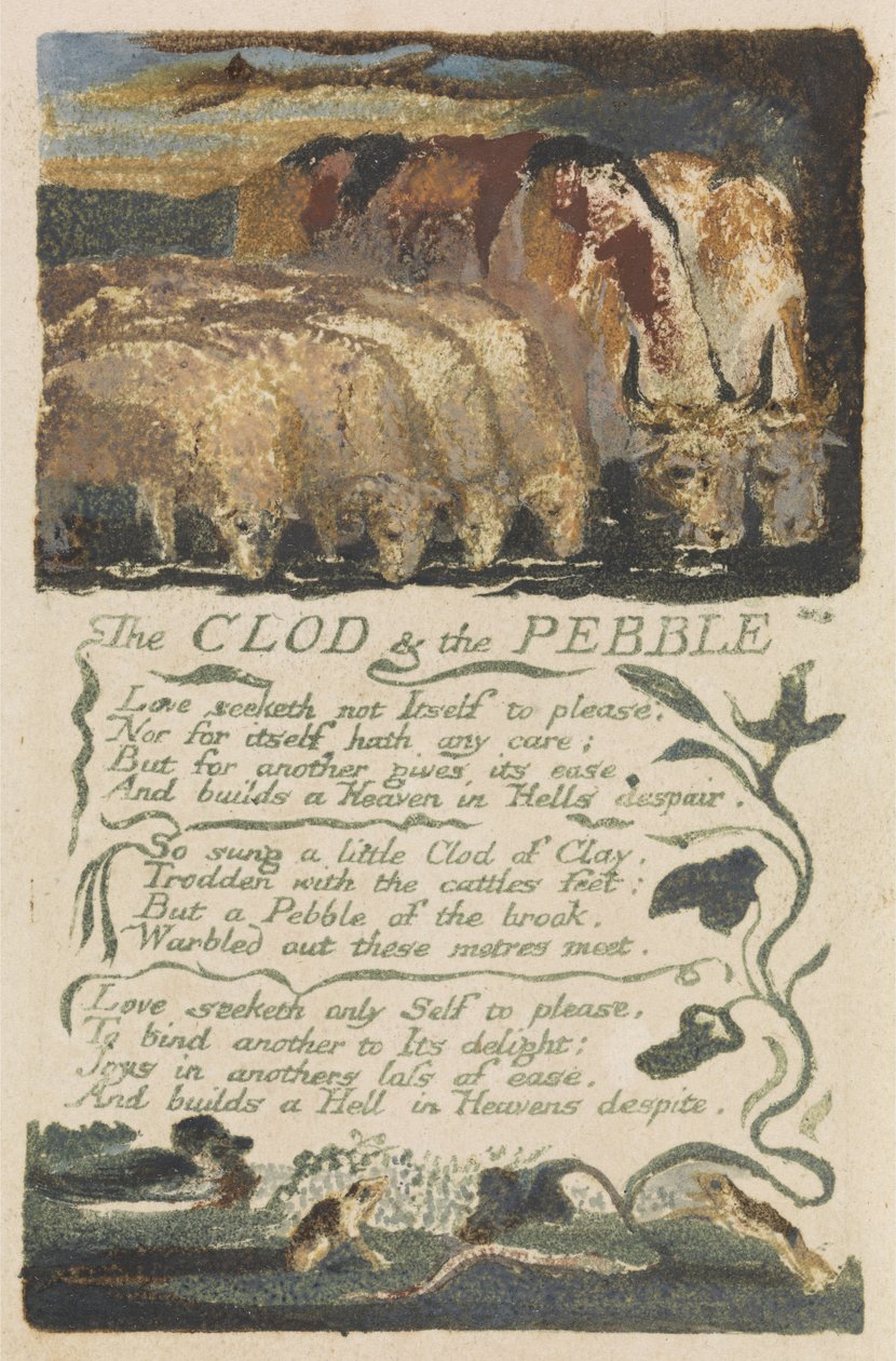 "The Clod and the Pebble", levy 36 julkaisusta "Songs of Experience", 1794 (reliefetsaus vesiväreillä) tekijältä William Blake
