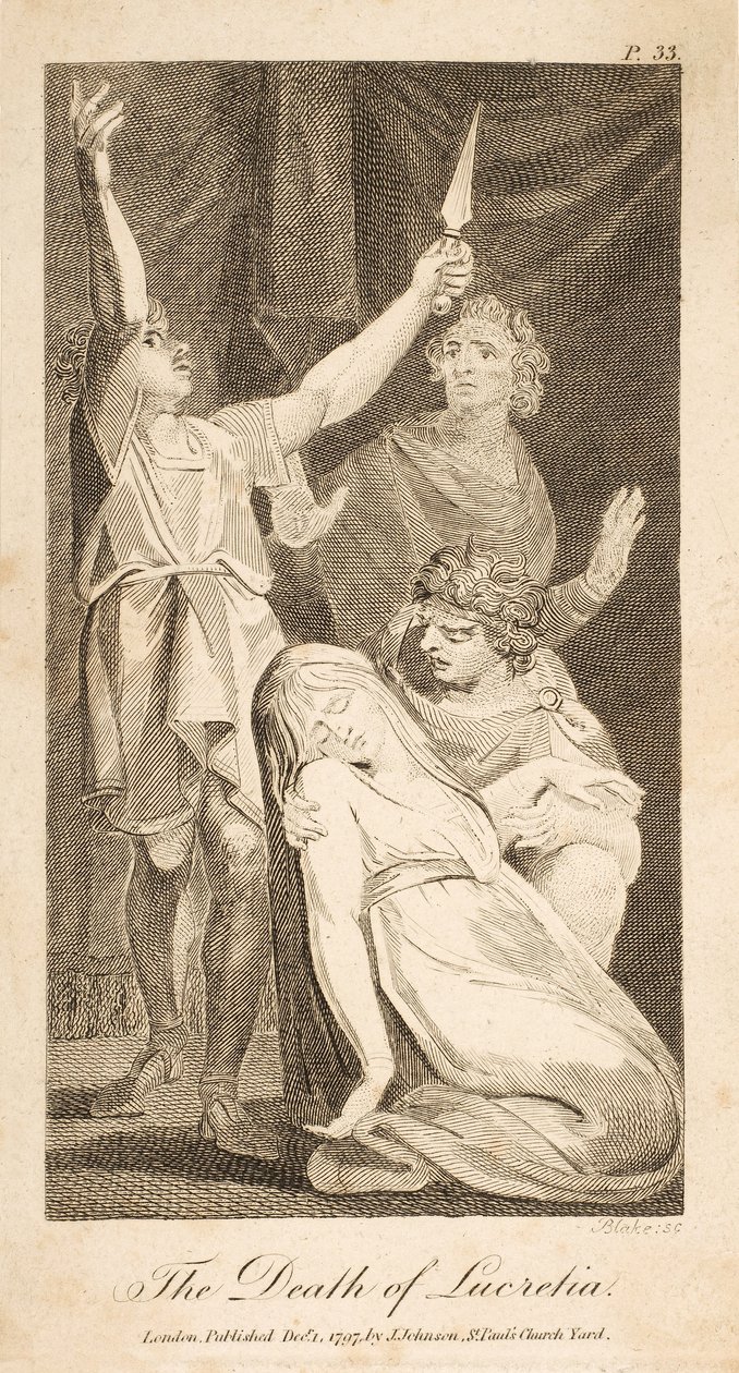 The Death of Lucretia, Allenin uusi ja puolueeton roomalainen historia, pub. 1797 (kaiverrus) tekijältä William Blake