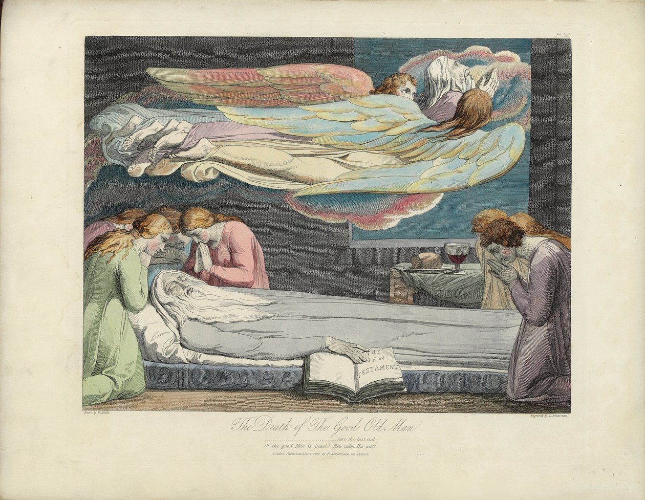 Vanhan hyvän miehen kuolema, kuvitus Robert Blairin "Haudasta", kaiverrus Louis Schiavonetti tekijältä William Blake