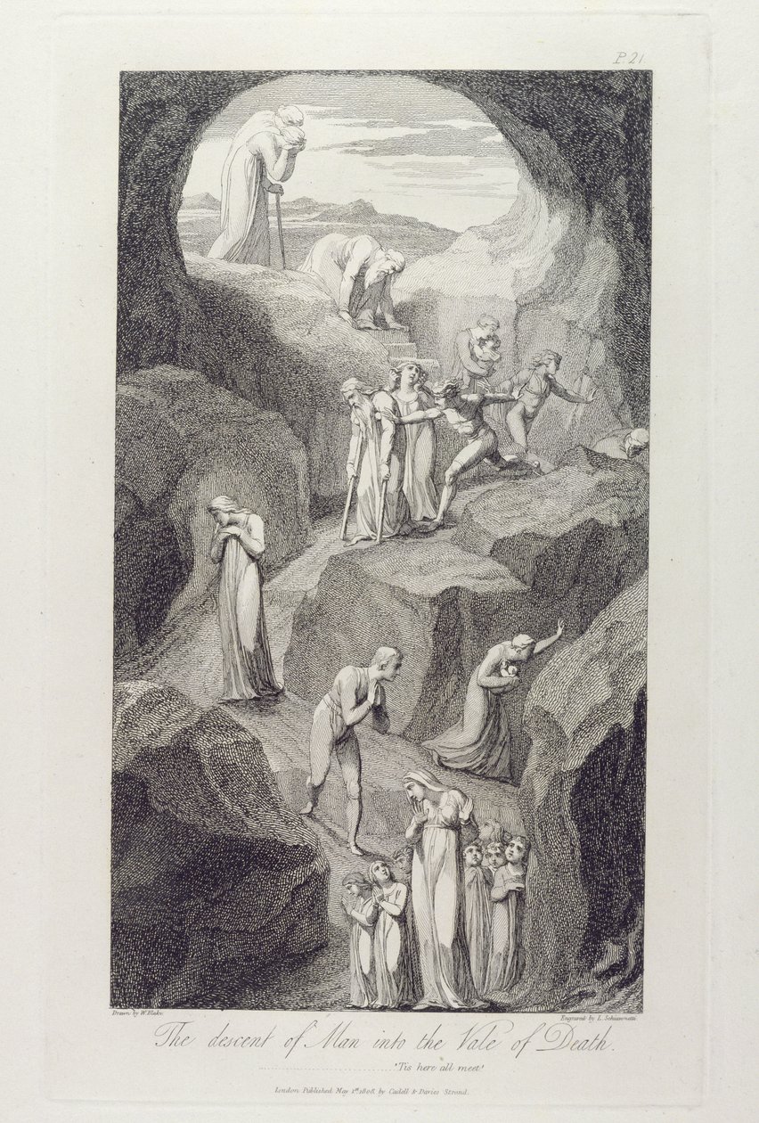 Ihmisen laskeutuminen kuoleman laaksoon, s. 8, kuvitus William Blaken (1757-1827) teoksesta "The Grave, A Poem", kaiverrus Luigi Schiavonetti (1765-1810), 1808 tekijältä William Blake