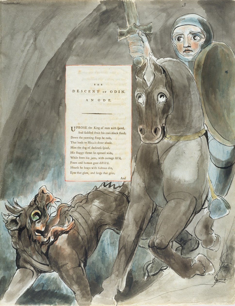 The Descent of Odin, An Ode, teoksesta The Poems of Thomas Gray, julkaistu 1797-98 (akvarelli ja musta muste paperille) tekijältä William Blake