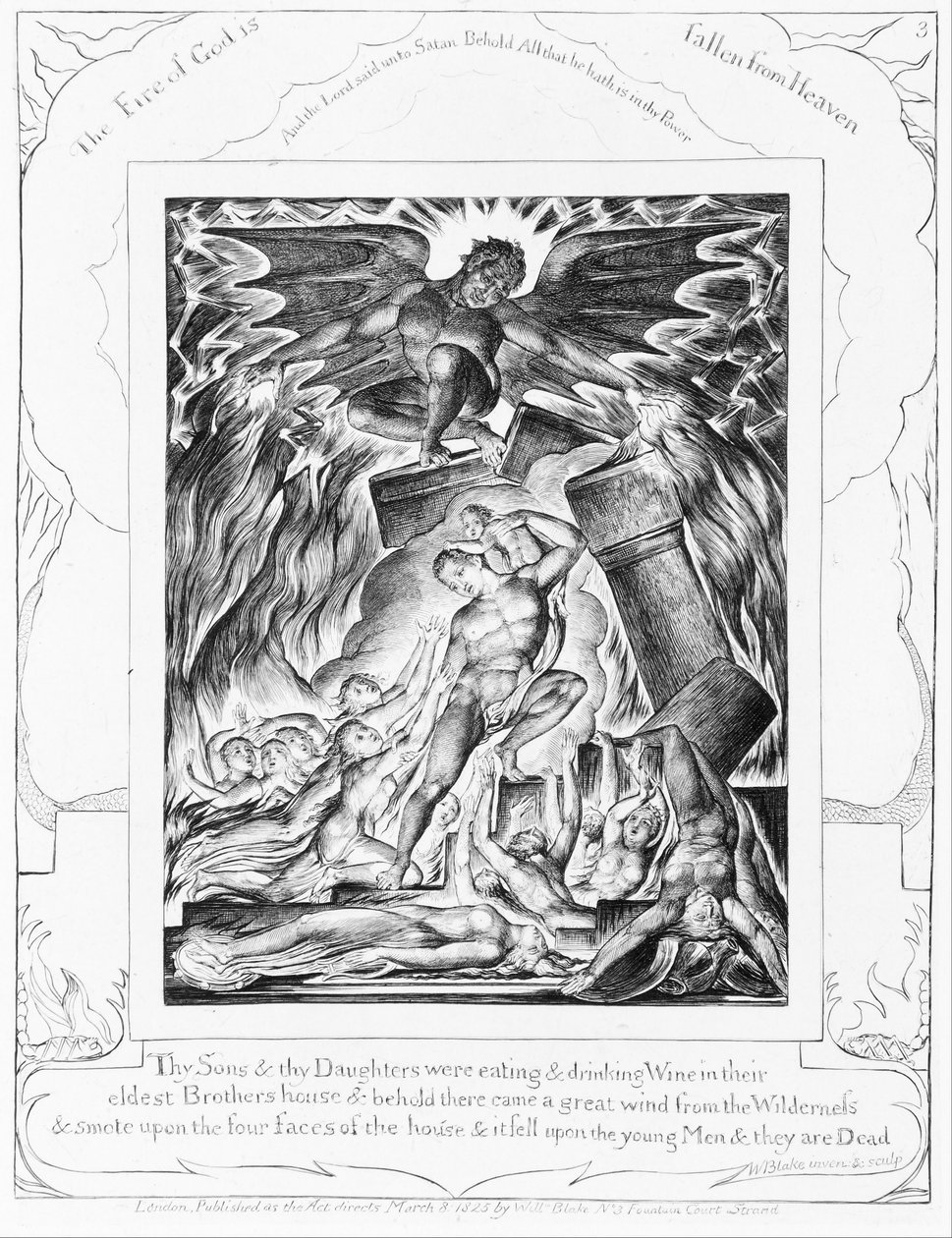 Jobin poikien tuho, laatta 3 teoksesta "Kuvituksia Jobin kirjaan" tekijältä William Blake