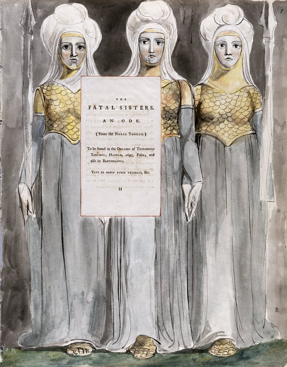 The Fatal Sisters, design 67 teoksesta "The Poems of Thomas Gray" tekijältä William Blake