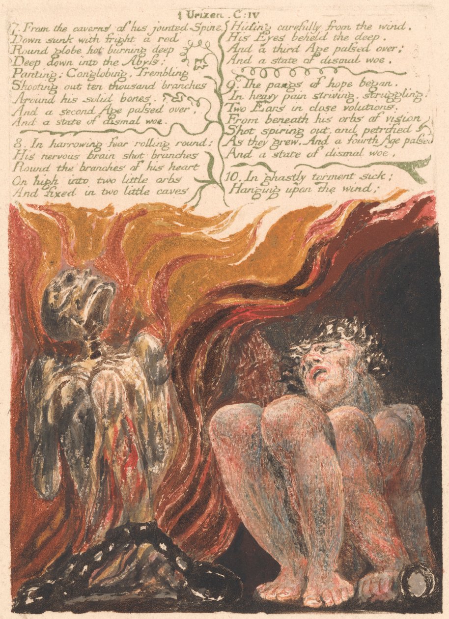 Urizenin ensimmäinen kirja, levy 10, "7. Hänen nivelletyn selkärangansa onteloista...." (Bentley 11) tekijältä William Blake