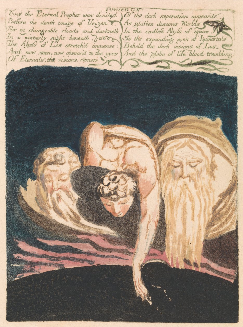 Ensimmäinen Urizenin kirja, levy 13, Näin ikuinen profeetta jakautui....  (Bentley 15) tekijältä William Blake