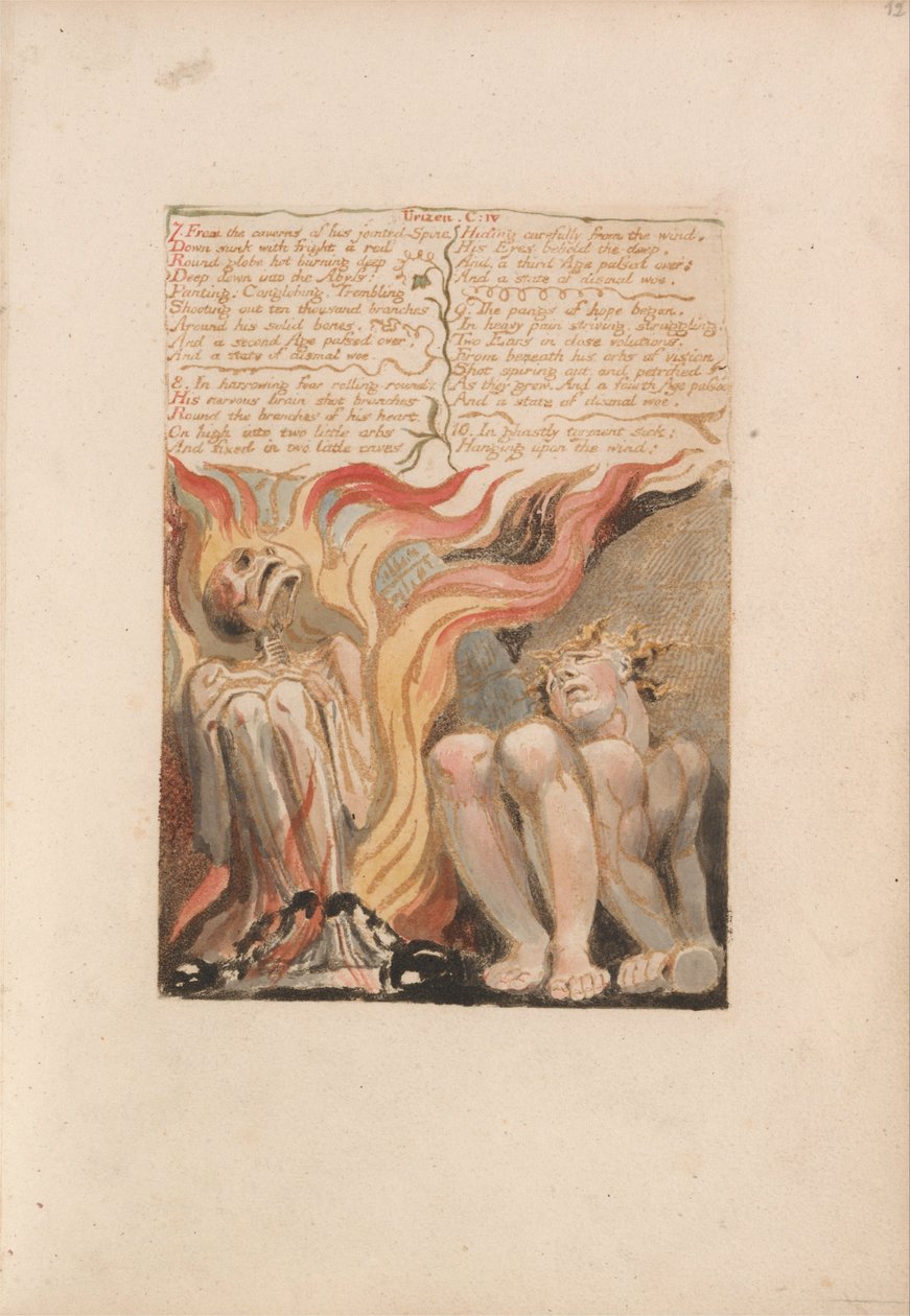 Urizenin ensimmäinen kirja, levy 14, 7. Hänen nivelletyn selkärankansa luolista.... (Bentley 11) tekijältä William Blake