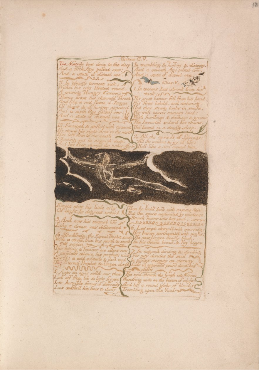 Urizenin ensimmäinen kirja, laatta 16, Kaksi syvälle taivutettua nenänpäätä..... (Bentley 13) tekijältä William Blake