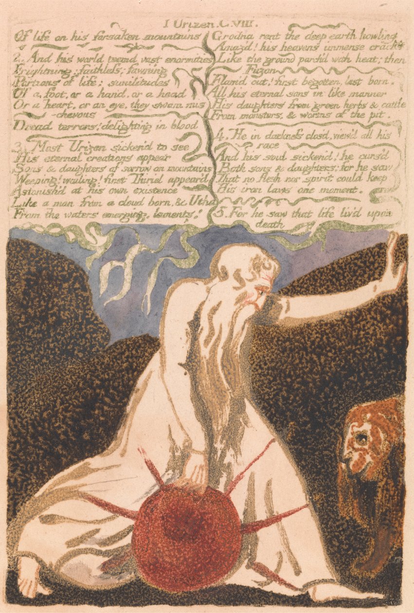 Urizenin ensimmäinen kirja, levy 20, "Elämän hylätyistä vuorista...". (Bentley 23) tekijältä William Blake