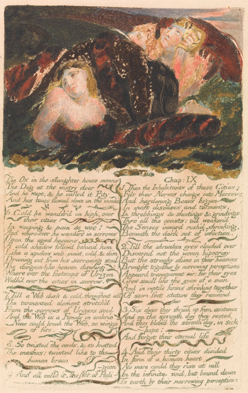 Urizenin ensimmäinen kirja, levy 23: "Härkä teurastamossa valittaa...." (Bentley 25) tekijältä William Blake