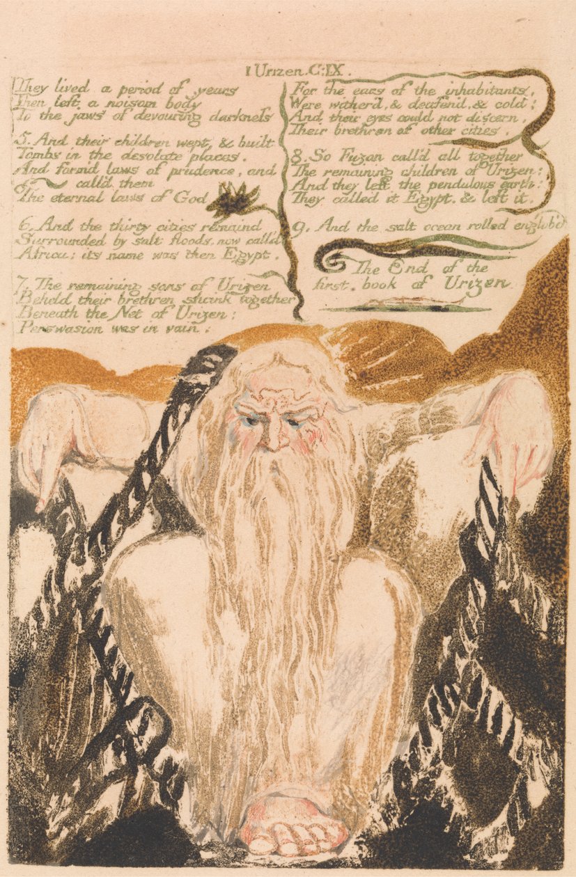 Ensimmäinen Urizenin kirja, levy 25, "He elivät vuosia...." (Bentley 28) tekijältä William Blake