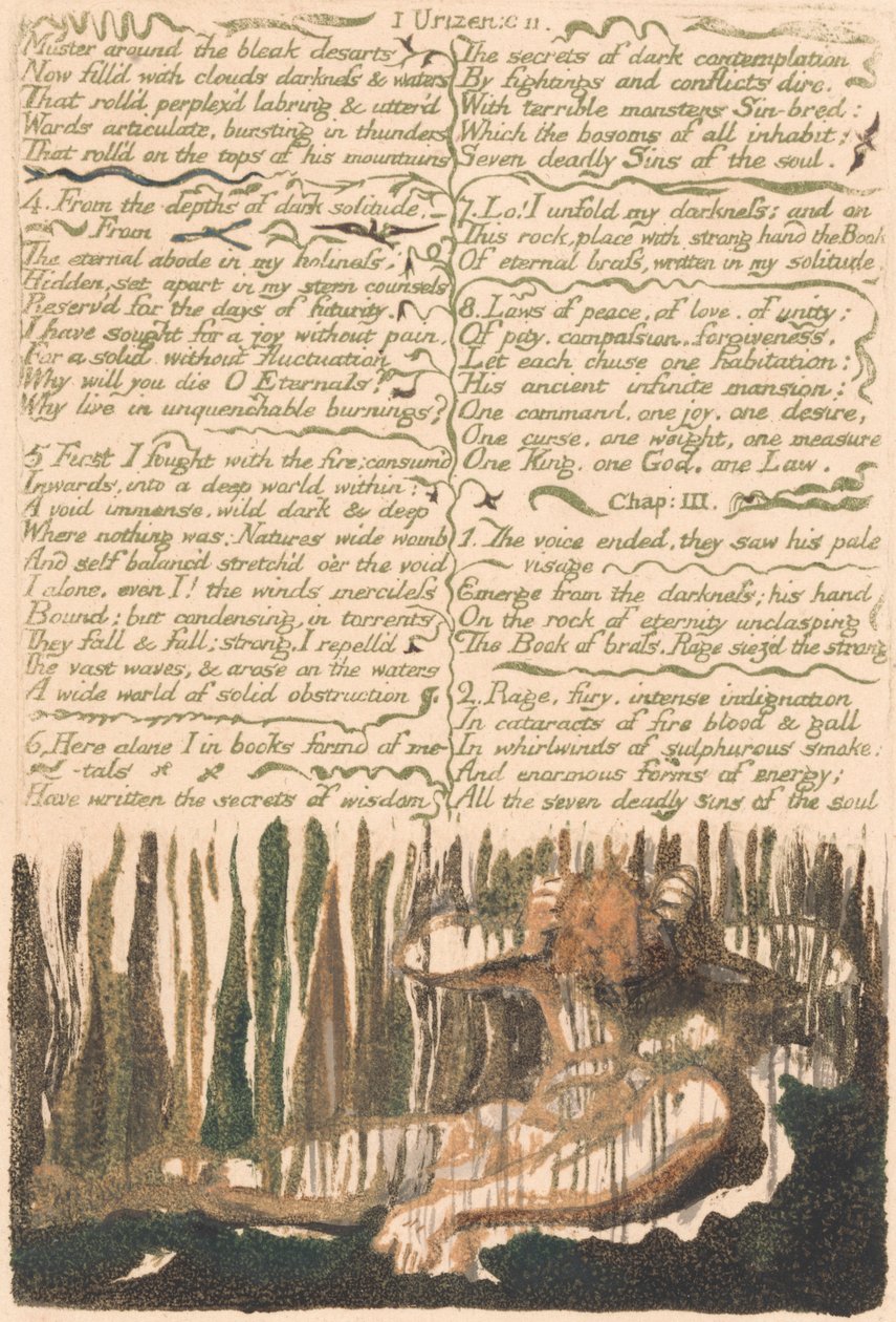Ensimmäinen Urizenin kirja, levy 4, "Kokoile synkkiä desartseja..." (Bentley 4) tekijältä William Blake