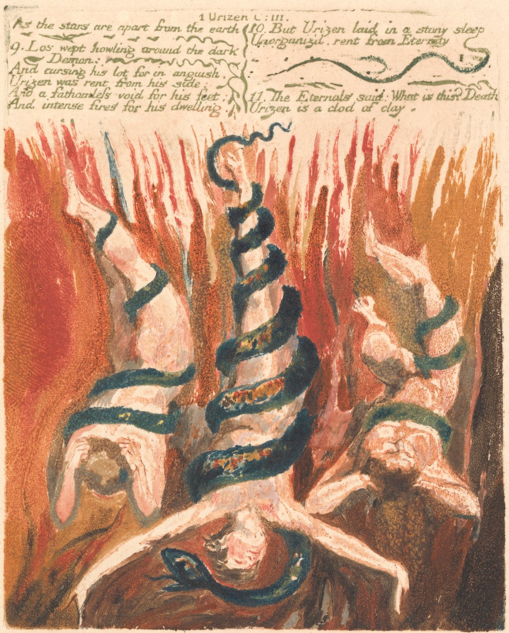 Ensimmäinen Urizenin kirja, levy 7, "Kuten tähdet ovat erillään maasta...." (Bentley 6) tekijältä William Blake