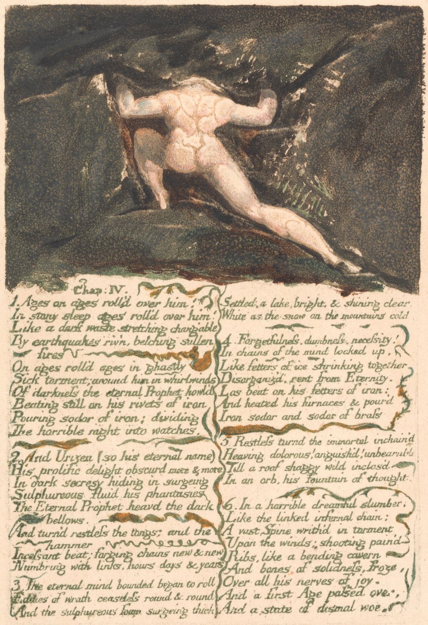 Urizenin ensimmäinen kirja, levy 9, "Luku: IV | 1 Ikävuosien iästä vierähti hänen ylitseen...." (Bentley 10) tekijältä William Blake