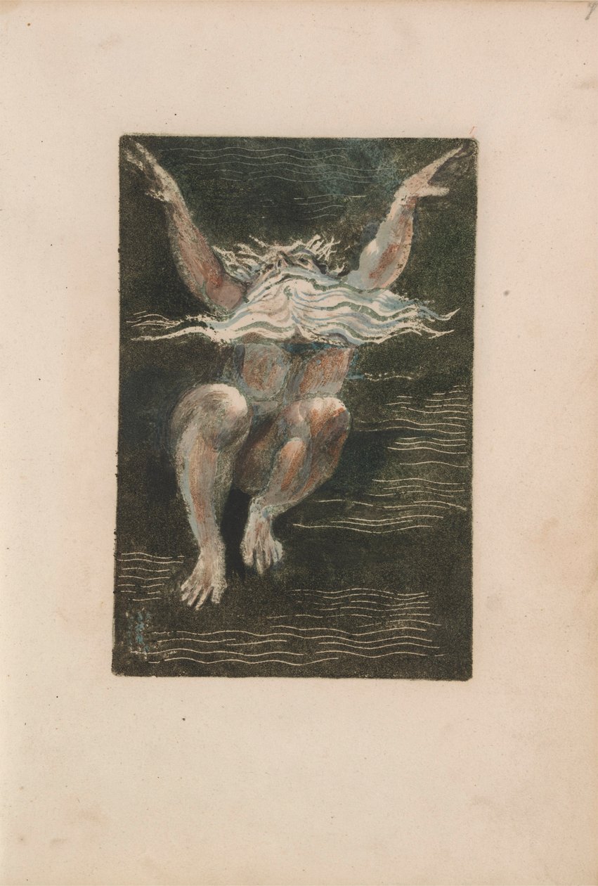 The First Book of Urizen, s. 7 (Alaton mies kelluva valkoinen parta, joka näyttää nousevan syvään veteen) 1794 (väripainettu kohokuvio wc:llä) tekijältä William Blake