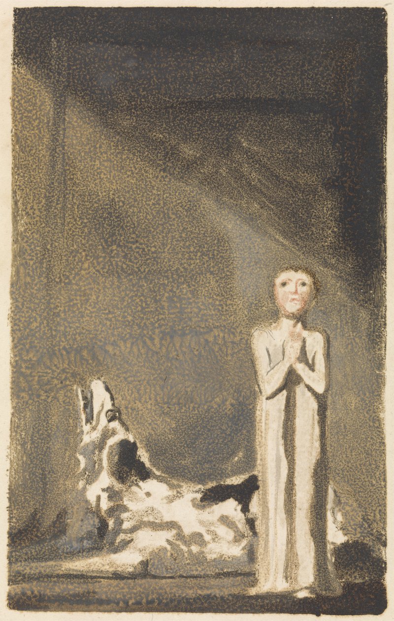 Urizenin ensimmäinen kirja, levy 24, Poika pitkässä mekossa seisoo kädet ristissä koiran oikealla puolella tekijältä William Blake