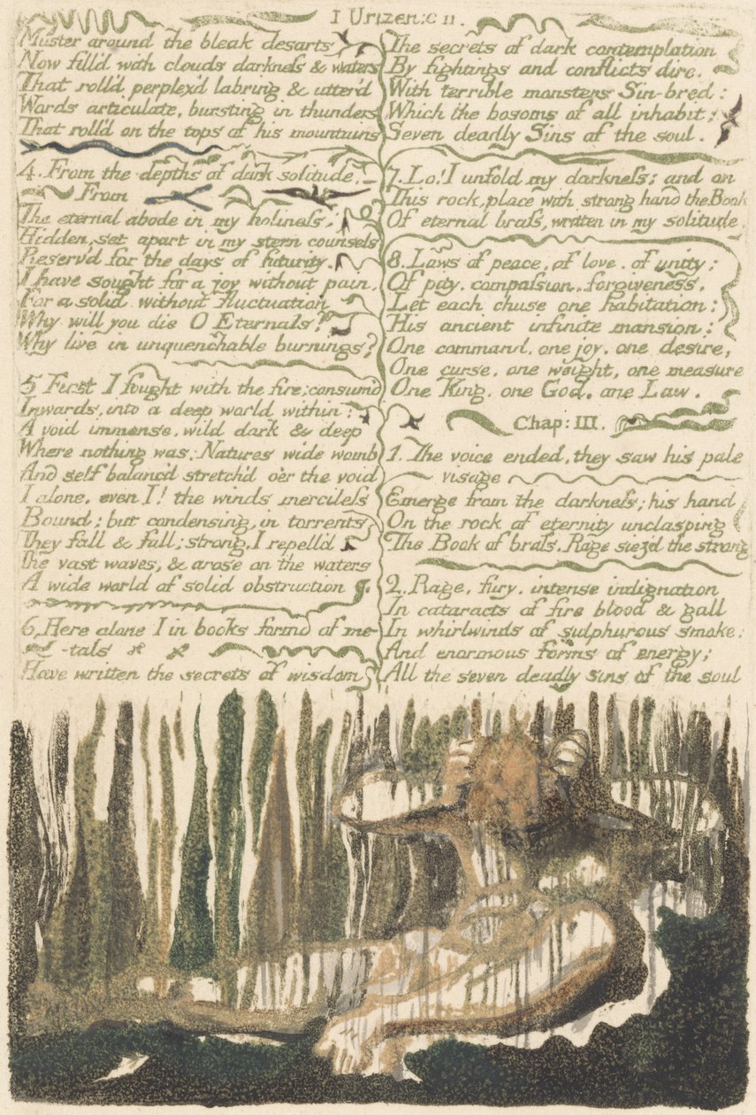The First Book of Urizen, levy 4, "Kokoile synkkiä desartseja.." tekijältä William Blake