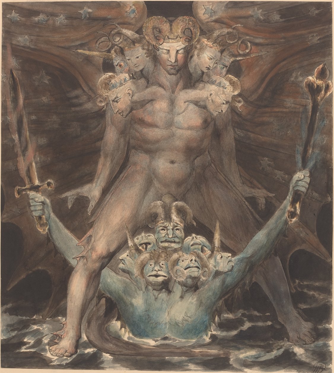 Suuri punainen lohikäärme ja peto merestä, n. 1805 (kynä ja muste vesivärillä paperin päällä) tekijältä William Blake