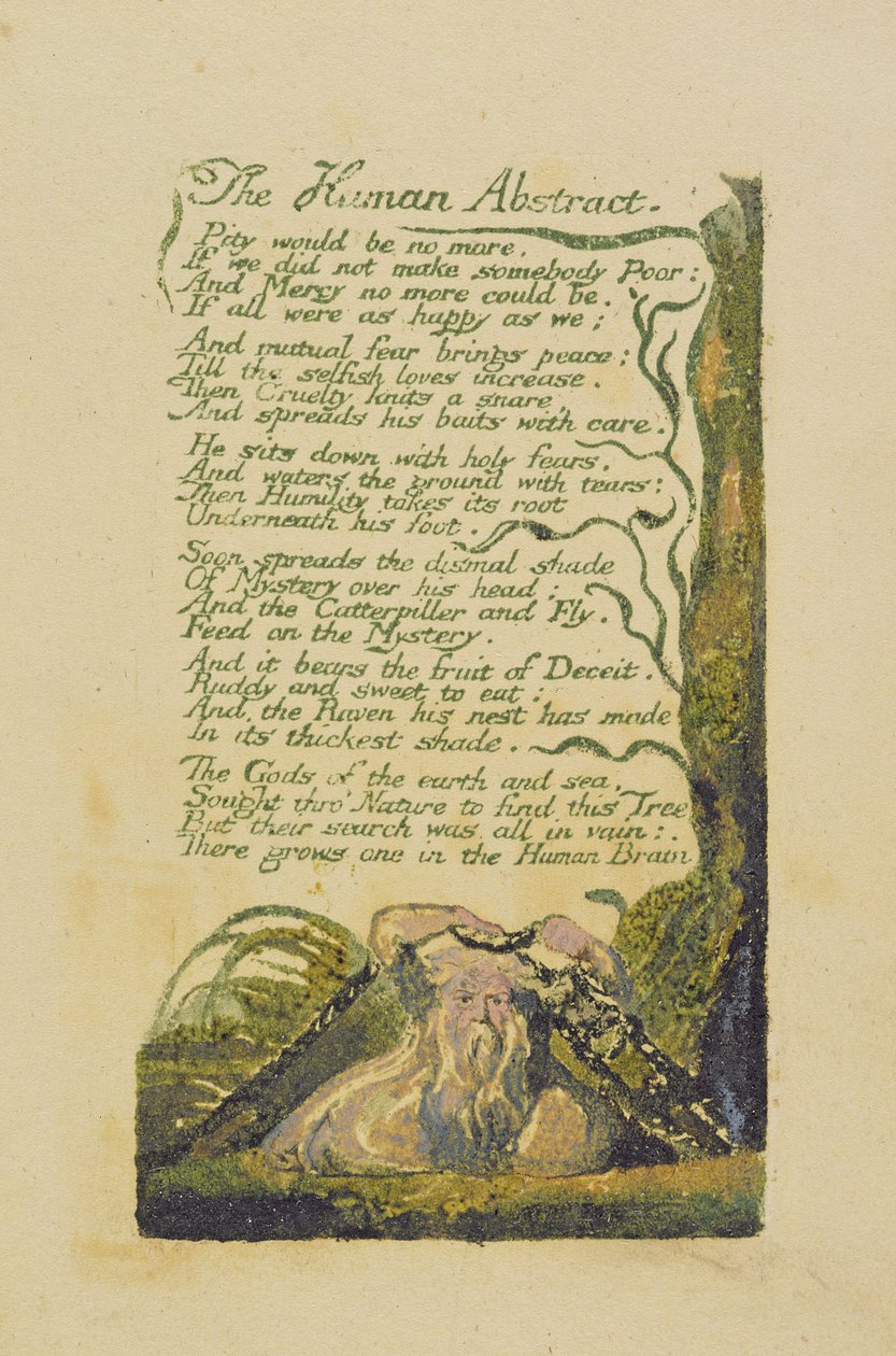 "The Human Abstract", levy 45 julkaisusta "Songs of Experience", 1794 (väripainettu kohokuvioetsaus) tekijältä William Blake