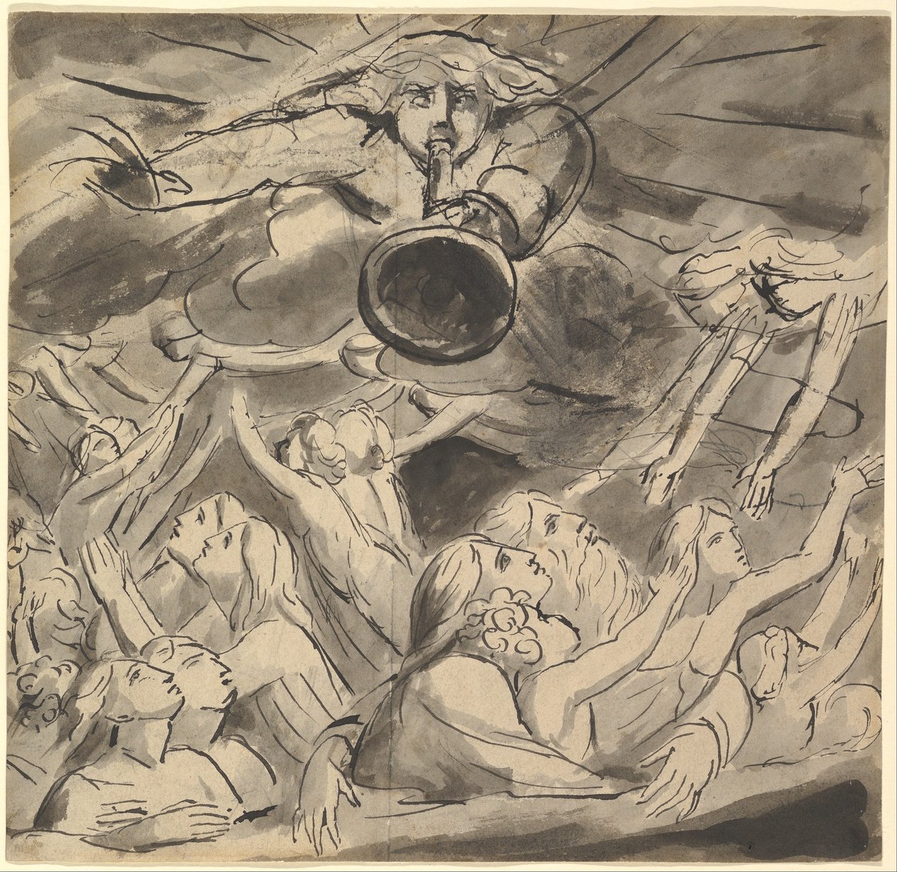 Viimeinen pasuuna (recto); kaksi tutkielmaa oikeasta silmästä, suu auki olevan nuoren miehen profiili, kotkan pää ja leijonan pää (verso) tekijältä William Blake