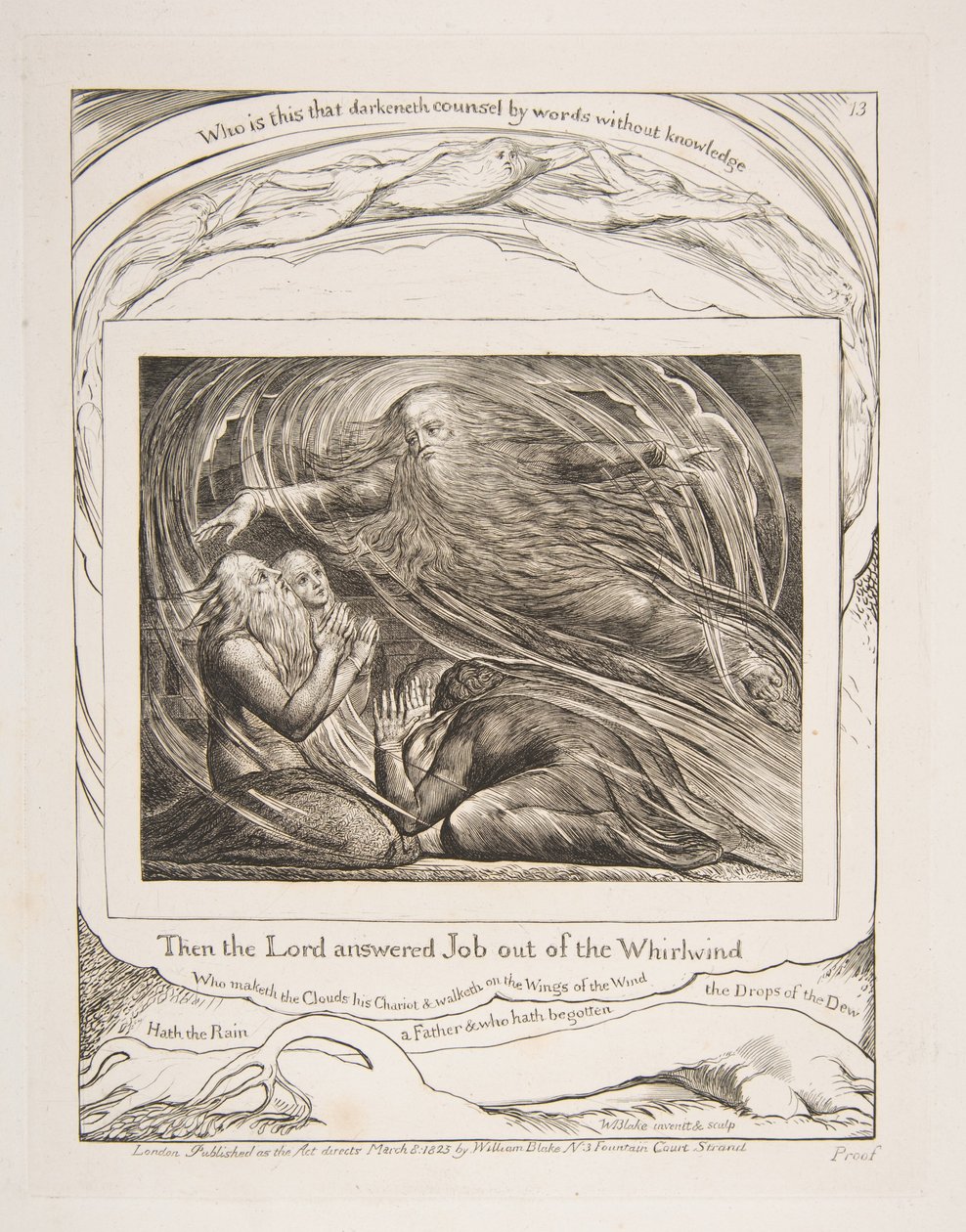 Herra vastaa Jobiin pyörteestä, Jobin kirjan kuvituksista, 1825-26. tekijältä William Blake