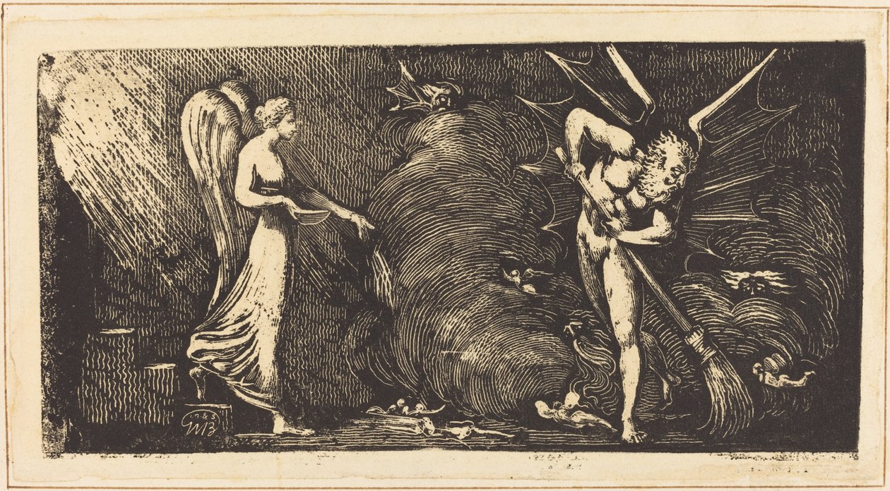 Tulkkihuonetta lakaiseva mies, n. 18201822. tekijältä William Blake