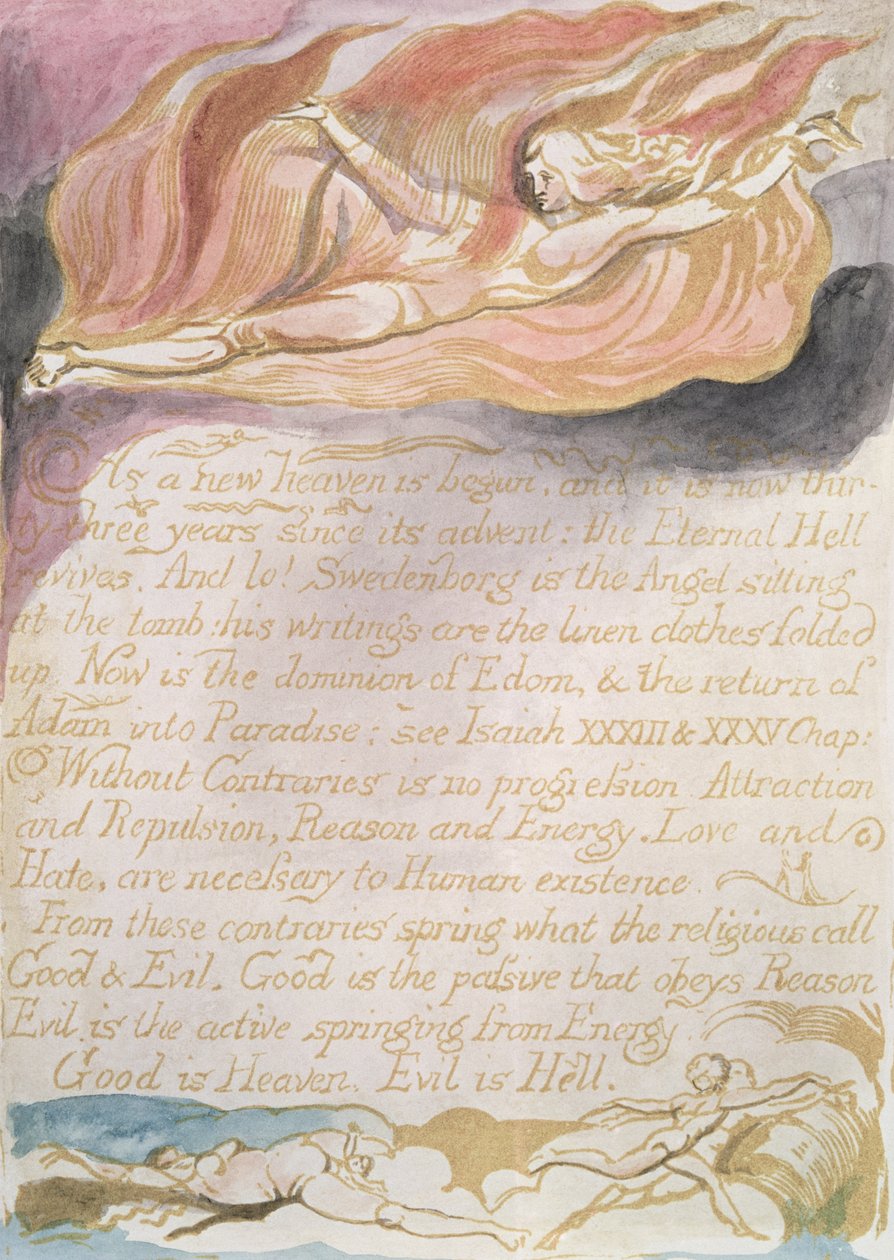 Taivaan ja helvetin avioliitto; Kun uusi taivas alkaa, n.1790 (reliefietsaus wc:llä sävytettynä) tekijältä William Blake