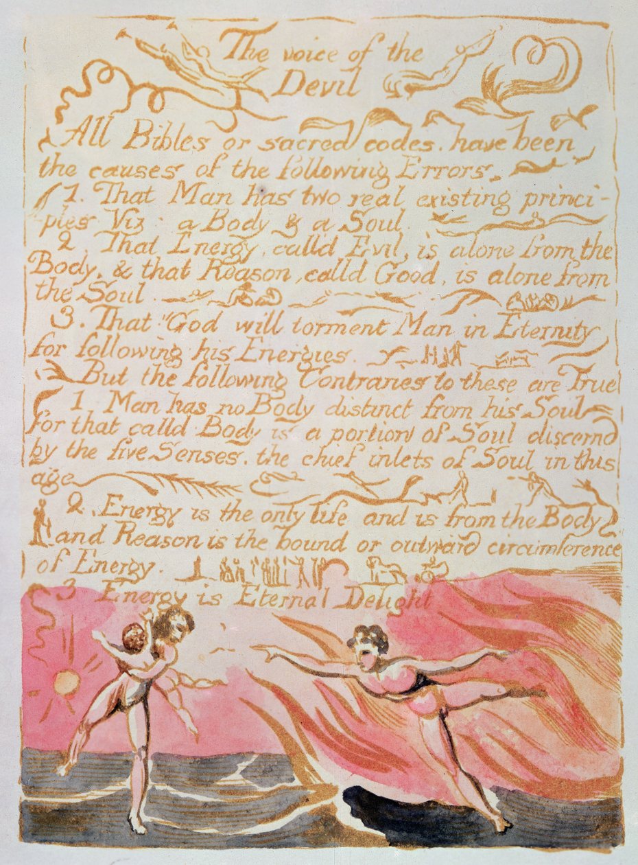 Taivaan ja helvetin avioliitto; Paholaisen ääni, n. 1790 (akvarelleilla sävytetty kohokuvioetsaus) tekijältä William Blake