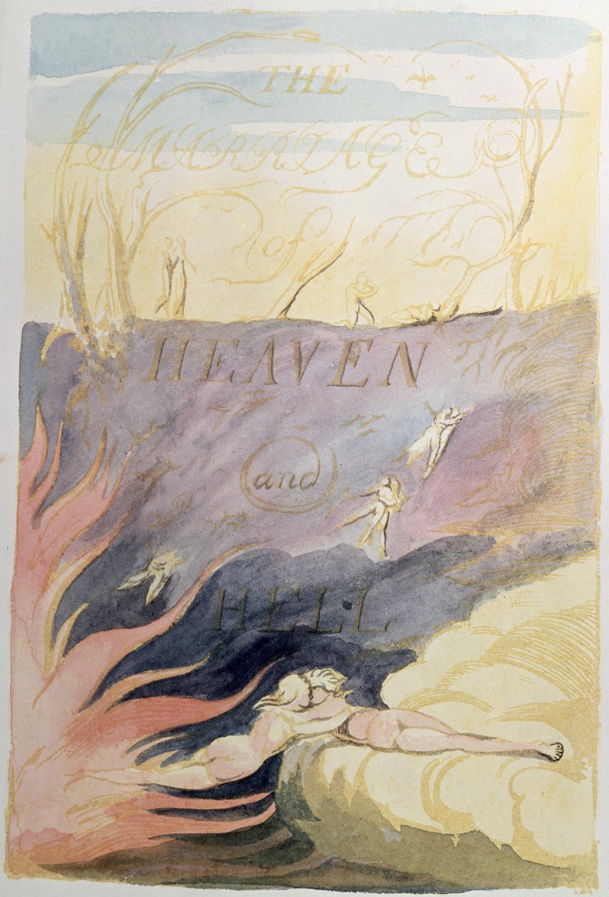 Taivaan ja helvetin avioliitto; otsikkosivu, 1790-93 (reliefi etsaus wc:llä sävytetty) tekijältä William Blake