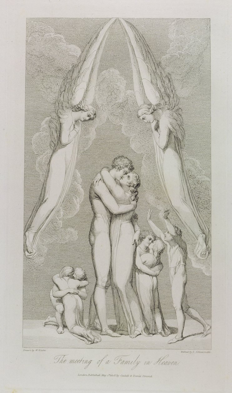 Perheen tapaaminen taivaassa, s. 4, kuvitus William Blaken (1757-1827) teoksesta "The Grave, A Poem" kaivertanut Luigi Schiavonetti (1765-1810), 1808 tekijältä William Blake