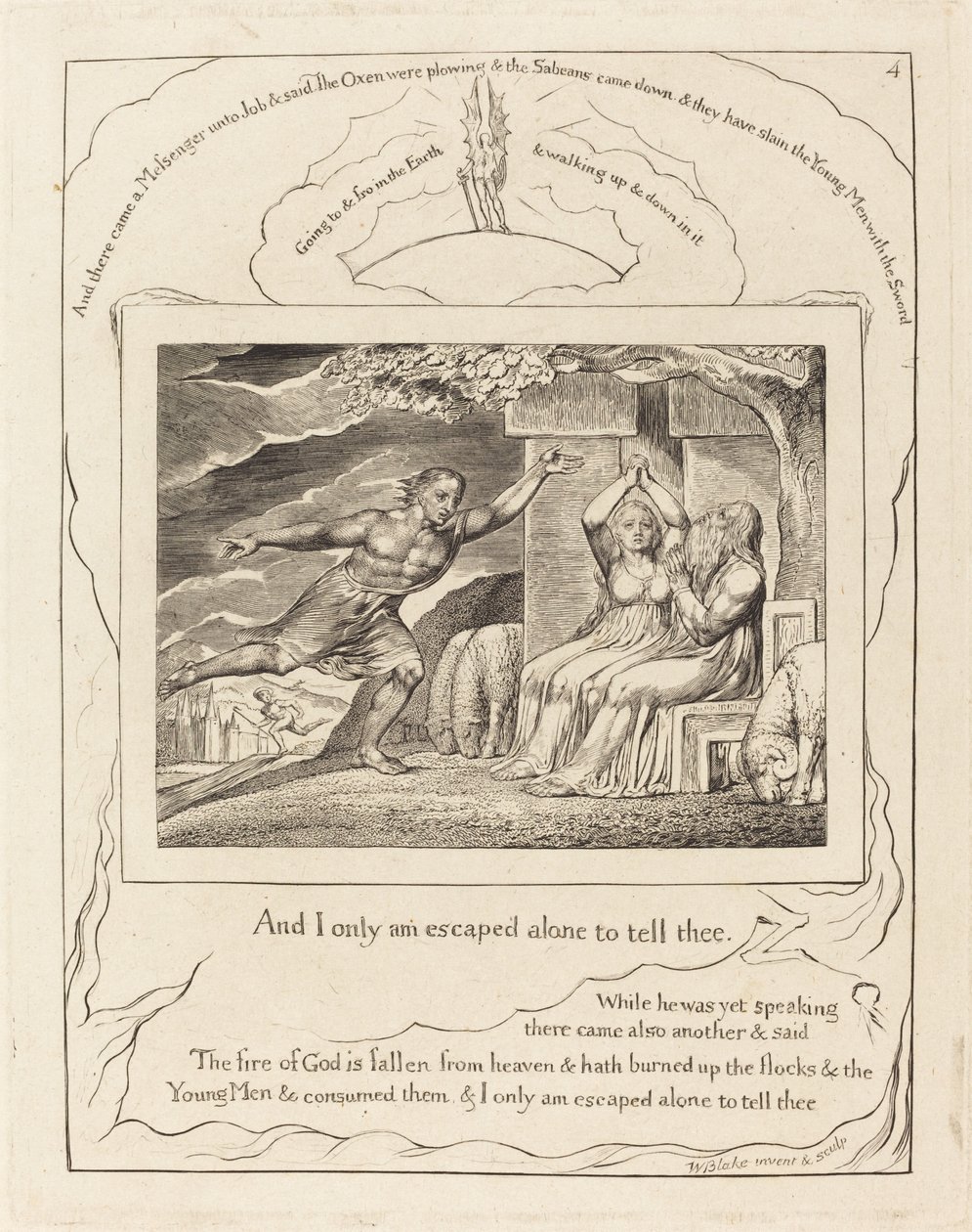 Sanansaattajat kertovat Jobille hänen onnettomuuksistaan tekijältä William Blake