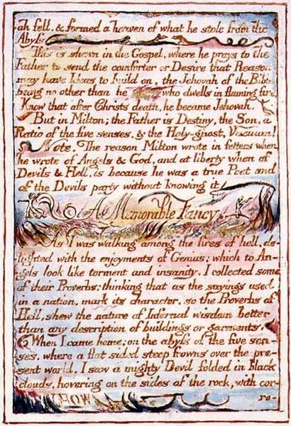 "Messias kaatui ja muodosti taivaan siitä, mitä hän varasti...", teksti "Taivaan ja helvetin häistä", n. 1790-1793 (kynällä ja akvarellilla viimeistelty kohokuvio) tekijältä William Blake