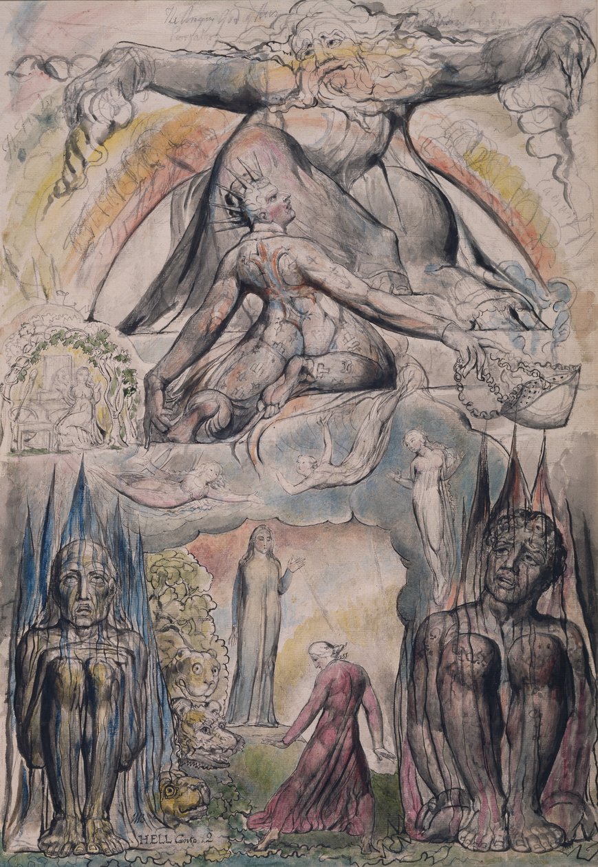 The Mission of Vergilius, kuvitus Dante Alighierin "The Divine Comedy" -elokuvan "Inferno"-kappaleesta 2. tekijältä William Blake
