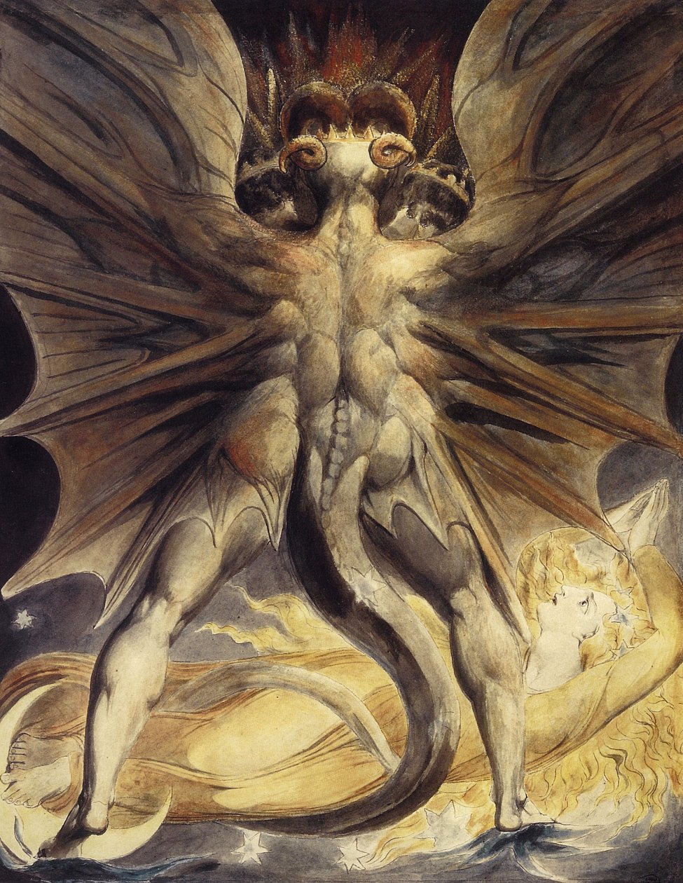 Punainen lohikäärme ja aurinkoon pukeutunut nainen, noin 1802-1805 tekijältä William Blake