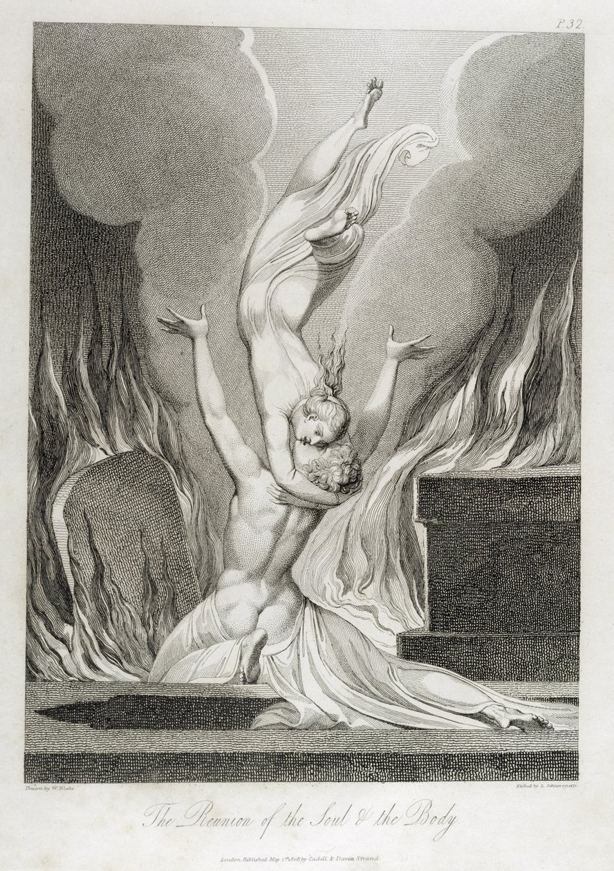 Sielun ja ruumiin jälleennäkeminen, s. 13, kuvitus William Blaken (1757-1827) teoksesta "The Grave, A, Poem", kaiverrus Luigi Schiavonetti (1765-1810), 1808 tekijältä William Blake