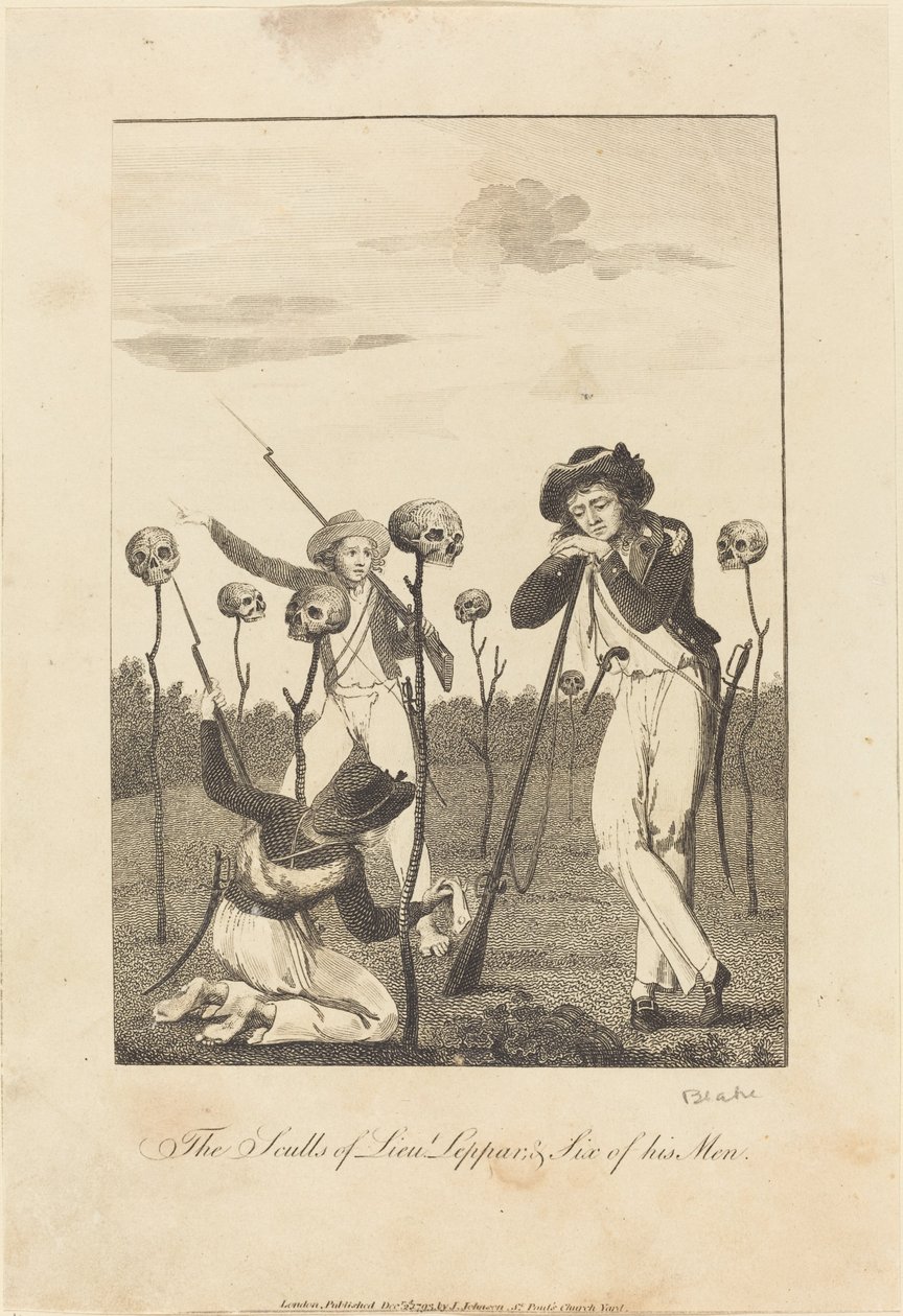Luuts Lepparin pääkalot ja kuusi hänen miestään, 1793. tekijältä William Blake