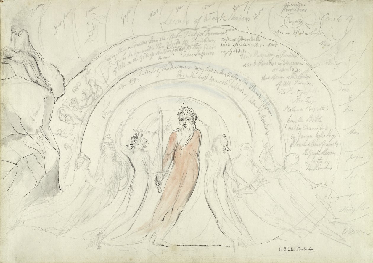 Homerin sävyt ja muut antiikin runoilijat, kuvitus Dante Alighierin jumalalliseen komediaan, 1824-27 (kynä ja muste wc:llä kynällä ja liidulla paperilla) tekijältä William Blake