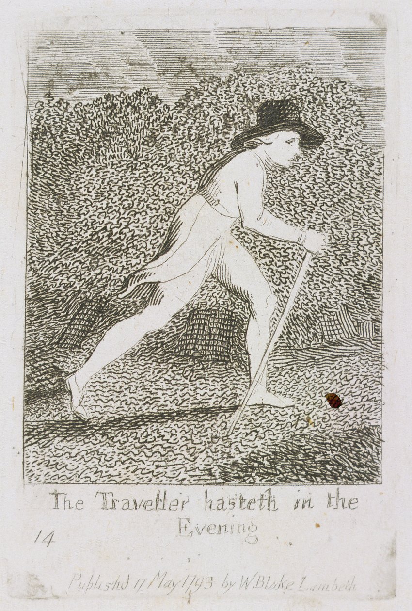 The Traveller Hasteth in the Evening, levy 15 julkaisusta "Lapsille. Paratiisin portit, 1793 tekijältä William Blake