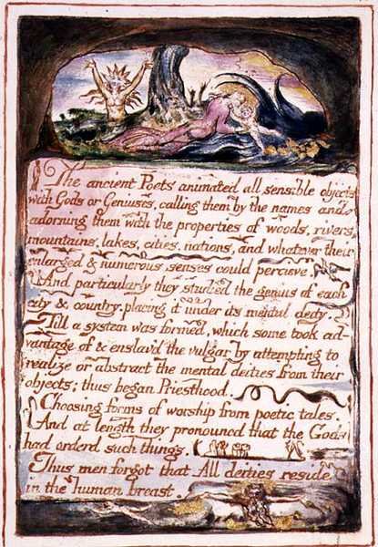 "Muinaiset runoilijat...", kuvitus ja teksti "Taivaan ja helvetin avioliitosta", n. 1790-1793 (reliefietsaus viimeistelty kynällä ja akvarellilla) tekijältä William Blake