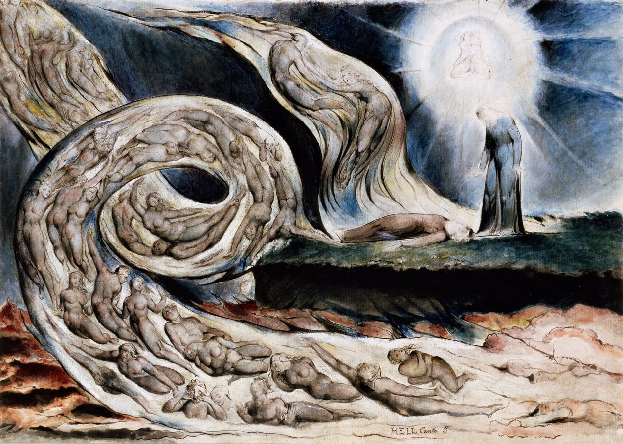 Kiihkeiden ympyrä eli Rakastajien pyörre, Francesca da Rimini ja Paolo Malatesta, Danten Infernosta, Canto V tekijältä William Blake