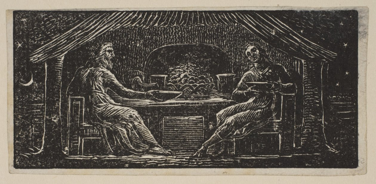 Thenot ja Colinet syövät ilta-ateriansa, kirjasta Thorntons Pastorals of Vergil, 1821. tekijältä William Blake