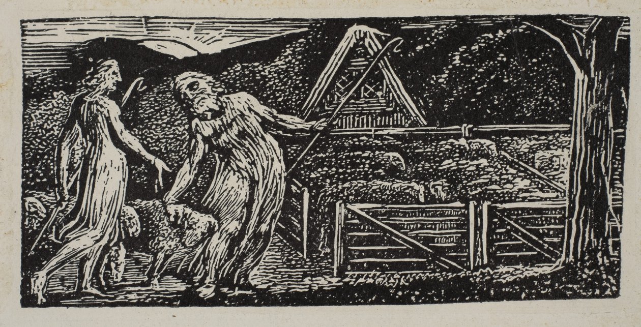 Thenot ja Colinet johtivat laumaansa yhdessä, Thorntonin Pastorals of Vergil, 1821. tekijältä William Blake
