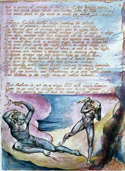 Albionin tyttärien visiot: "And A Palace of Eternity...", levy 8, suunniteltu vuonna 1793, valmistunut n. 1815 (reliefisyövytys kynällä ja akvarellilla paperille) tekijältä William Blake